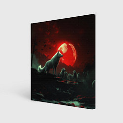 Картина квадратная Белый волк на фоне красной луны