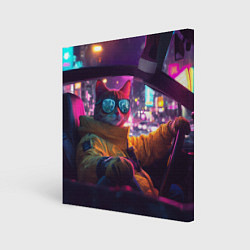 Холст квадратный Киберпанк - кот за рулем авто, цвет: 3D-принт