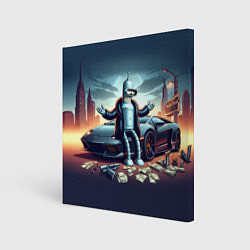 Холст квадратный Бендер рядом с Ламбо и рассыпанным баблом, цвет: 3D-принт
