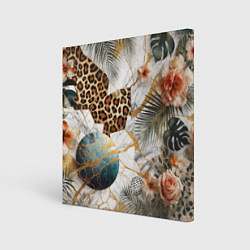 Холст квадратный Мрамор с цветами и леопардовый узор, цвет: 3D-принт