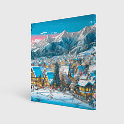 Картина квадратная Новогодняя деревушка в горах