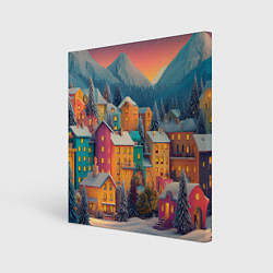 Холст квадратный Новогодний город в горах, цвет: 3D-принт