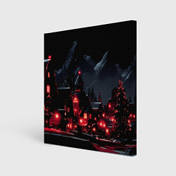 Картина квадратная Новогодняя ночь и красные гирлянды