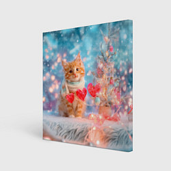 Холст квадратный Котенок и гирлянда из сердечек, цвет: 3D-принт