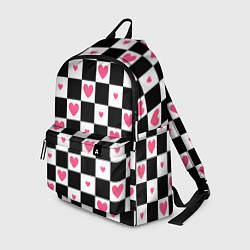 Рюкзак Розовые сердечки на фоне шахматной черно-белой дос, цвет: 3D-принт