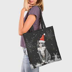 Сумка-шопер Новогодний Черный кот в кружке, цвет: 3D-принт — фото 2