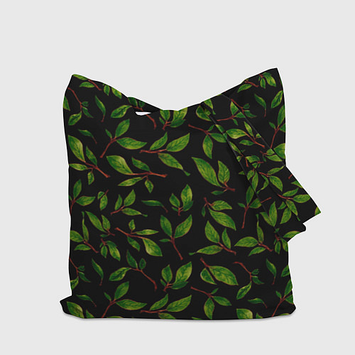 Сумка-шоппер Яркие зеленые листья на черном фоне / 3D-принт – фото 2