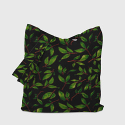 Сумка-шоппер Яркие зеленые листья на черном фоне