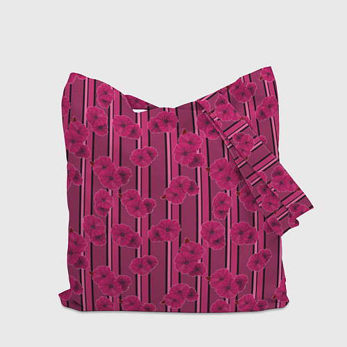 Сумка-шоппер Малиновый полосатый узор с цветами анемонов / 3D-принт – фото 2