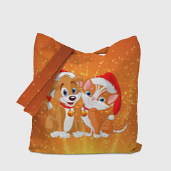 Сумка-шопер Котенок и щенок в новогодних шапочках, цвет: 3D-принт