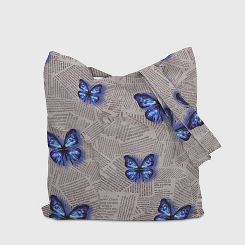 Сумка-шоппер Газетные обрывки и синие бабочки / 3D-принт – фото 2