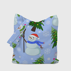 Сумка-шоппер Снеговики с новогодними елками паттерн
