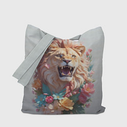 Сумка-шоппер Голова льва в цветах на холсте