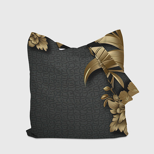 Сумка-шоппер Золотые объемные листья на сером фоне / 3D-принт – фото 2