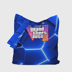 Сумка-шопер GTA 6 лого на фоне разлома синих плит, цвет: 3D-принт