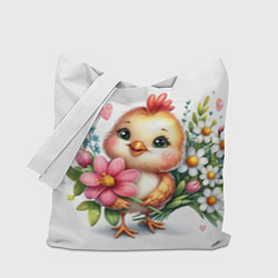 Сумка-шопер Мультяшный цыпленок с цветами, цвет: 3D-принт