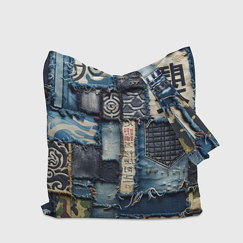 Сумка-шоппер Иероглифы на пэчворк дениме / 3D-принт – фото 2