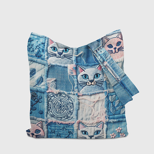 Сумка-шоппер Кошки на пэчворк джинсах паттерн / 3D-принт – фото 2