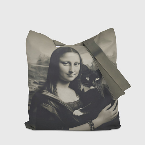 Сумка-шоппер Мона Лиза держит кота в черно белом цвете / 3D-принт – фото 2