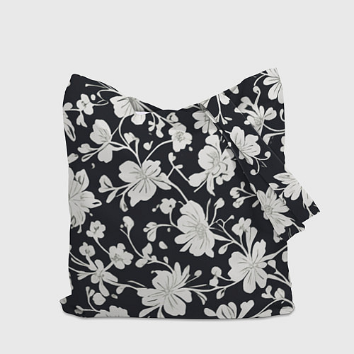Сумка-шоппер Патерн белых цветов на черном фоне / 3D-принт – фото 2
