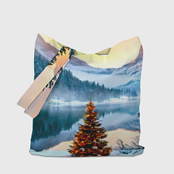Сумка-шопер Новогодняя елочка на берегу озера, цвет: 3D-принт
