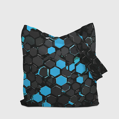 Сумка-шоппер Сине-серые шестиугольники на чёрном фоне / 3D-принт – фото 2