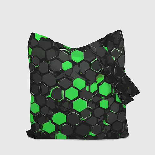 Сумка-шоппер Зелёно-серые шестиугольники на чёрном фоне / 3D-принт – фото 2