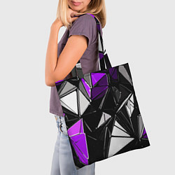 Сумка-шопер Фиолетово-белые рельефные треугольники на чёрном ф, цвет: 3D-принт — фото 2
