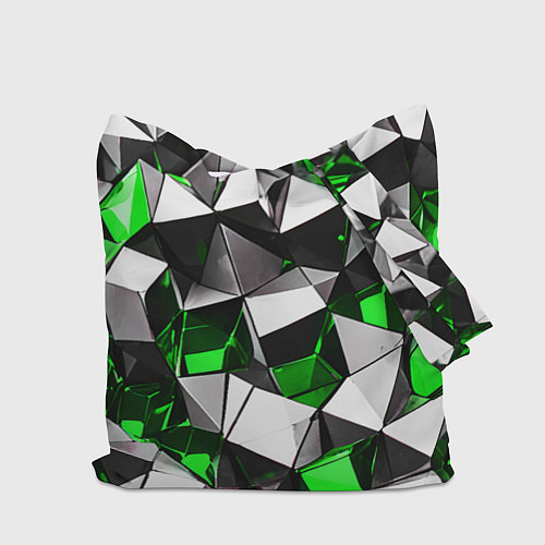 Сумка-шоппер Зелёно-белые рельефные треугольники на чёрном фоне / 3D-принт – фото 2