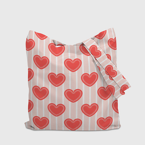 Сумка-шоппер Полосатый паттерн с красными ажурными сердечками / 3D-принт – фото 2