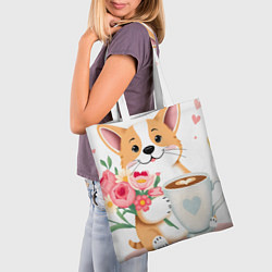 Сумка-шопер Поздравляющий корги с цветами, цвет: 3D-принт — фото 2