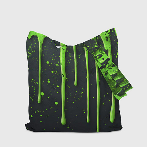Сумка-шоппер Зеленая краска стекающая на черном фоне / 3D-принт – фото 2