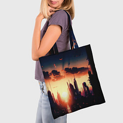 Сумка-шопер Пейзаж город будущего закат, цвет: 3D-принт — фото 2