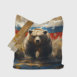 Сумка-шопер Медведь и флаг РФ в поле, цвет: 3D-принт