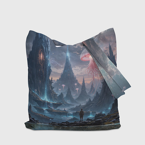 Сумка-шоппер Фантастический мир с медузами и озеро у гор / 3D-принт – фото 2