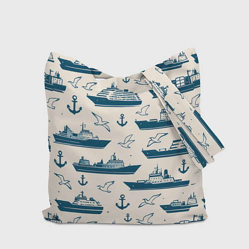 Сумка-шоппер Морской паттерн из чаек, якорей и кораблей / 3D-принт – фото 2