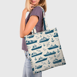 Сумка-шопер Морской паттерн из чаек, якорей и кораблей, цвет: 3D-принт — фото 2