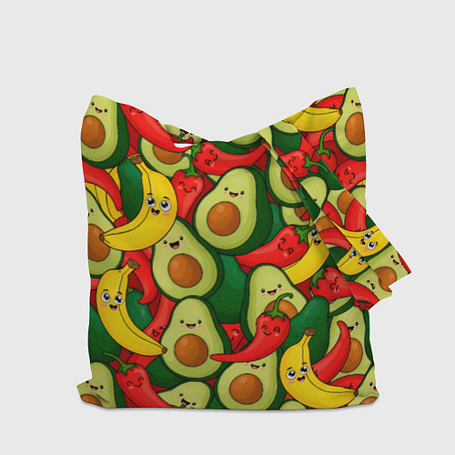 Сумка-шоппер Авокадо, бананы, перцы чили улыбаются - паттерн фр / 3D-принт – фото 2