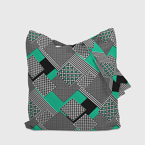 Сумка-шоппер Черно бирюзовая абстрактная геометрия пэчворк / 3D-принт – фото 2