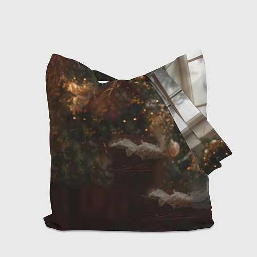 Сумка-шоппер Белая лошадка лежит у новогодней елки / 3D-принт – фото 2