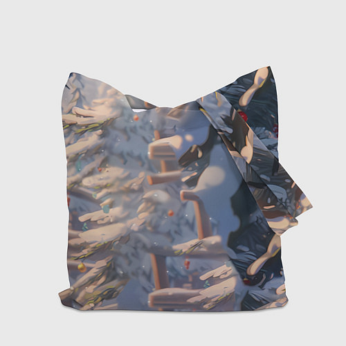 Сумка-шоппер Белая лошадь на фоне елки / 3D-принт – фото 2