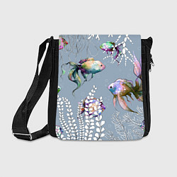 Сумка на плечо Разноцветные акварельные рыбки и белые водоросли, цвет: 3D-принт