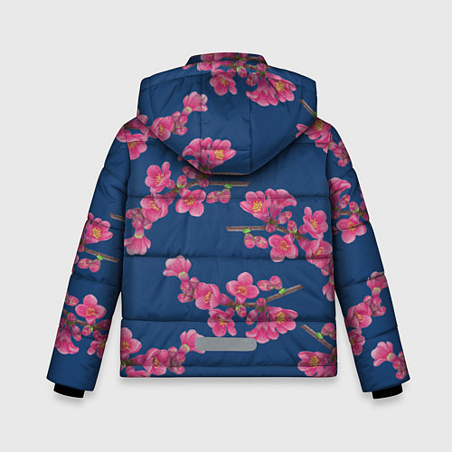 Зимняя куртка для мальчика Веточки айвы с розовыми цветами на синем фоне / 3D-Черный – фото 2