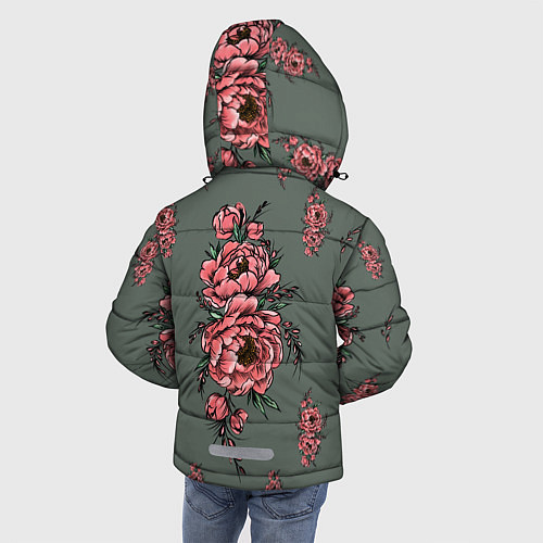 Зимняя куртка для мальчика Нежные пионы на сером фоне / 3D-Красный – фото 4