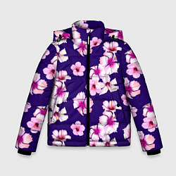 Куртка зимняя для мальчика Цветы Розовые Гибискус На Синем Фоне, цвет: 3D-красный