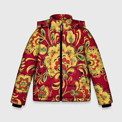 Куртка зимняя для мальчика Хохломская Роспись Цветы На красном Фоне, цвет: 3D-черный