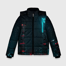 Куртка зимняя для мальчика Неоновые высотки в городе - Светло-синий, цвет: 3D-светло-серый