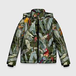 Куртка зимняя для мальчика Попугаи и Цветы Зелёные Джунгли, цвет: 3D-светло-серый