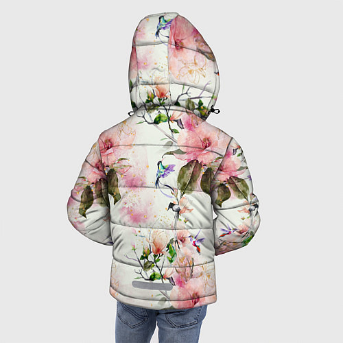 Зимняя куртка для мальчика Цветы Нарисованные Магнолии и Разноцветные Птицы / 3D-Красный – фото 4