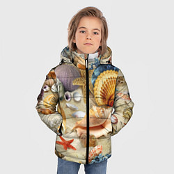 Куртка зимняя для мальчика Морские раковины, кораллы, морские звёзды на песке, цвет: 3D-черный — фото 2